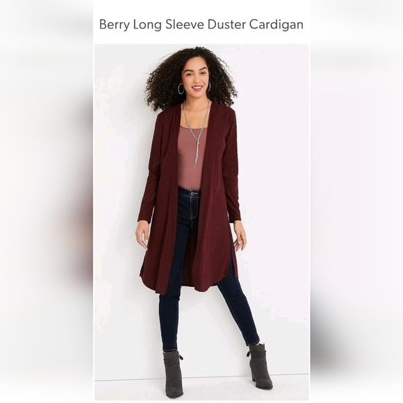 Maurices Women's Open Front Berry Long Sleeve Cardigan Duster Side Slit Large - Picture 1 of 10